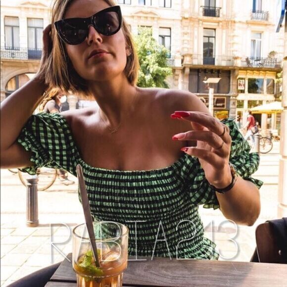 Green Checkered Off-Shoulder Top - Picture 1 of 16